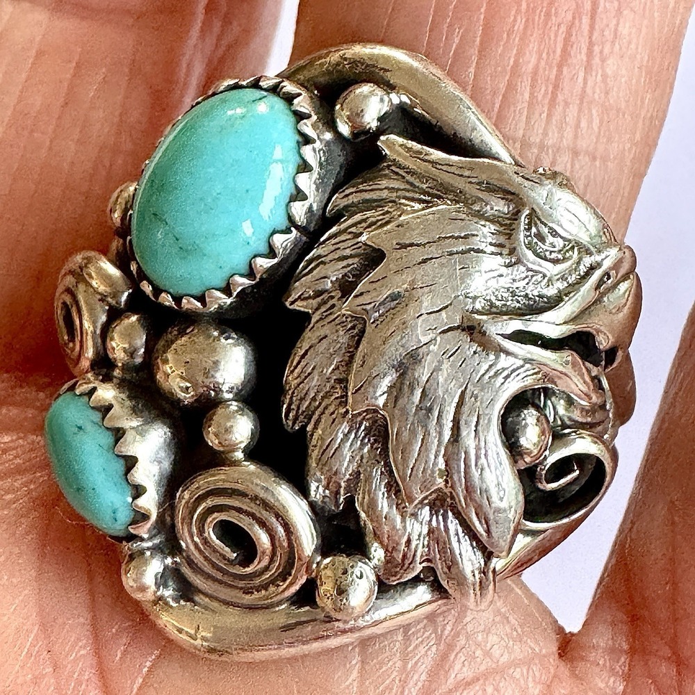 Navajo Eagle Turquoise Mens Ring Sz 12 Sterling Signed‎ DM Native American USA